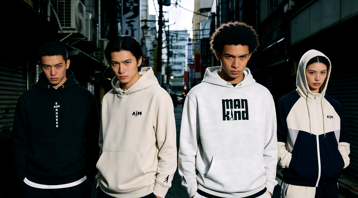 AIM ATTITUDE apparel worn by friends sharing a relaxed moment in a warm, light-filled interior.