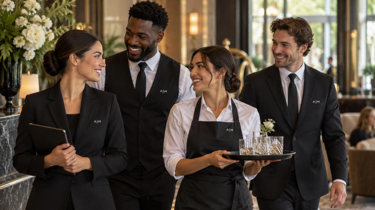 Illustrative AIM hospitality scene: four hotel colleagues sharing a warm conversation in professional uniforms with subtle AIM branding.