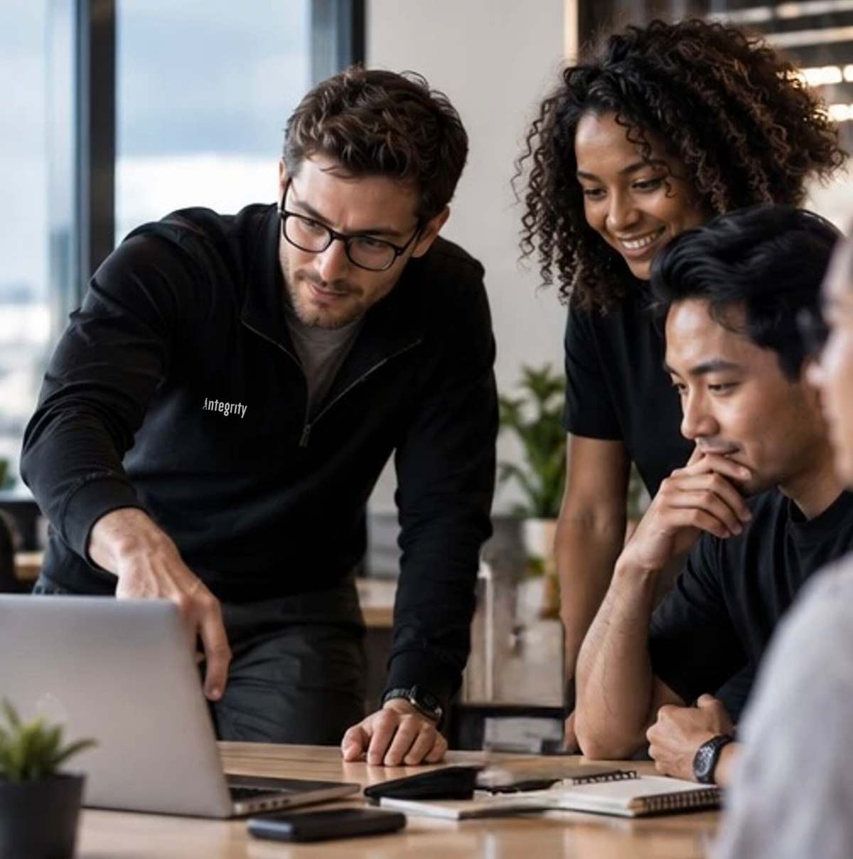 Illustrative AIM business partnership: people from different teams connecting around a shared creative direction with subtle AIM branding.