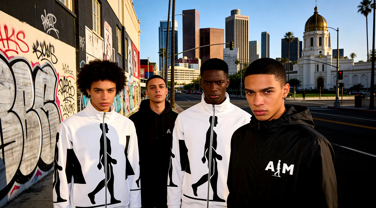AIM ATTITUDE apparel worn by friends sharing a relaxed moment in a warm, light-filled interior.
