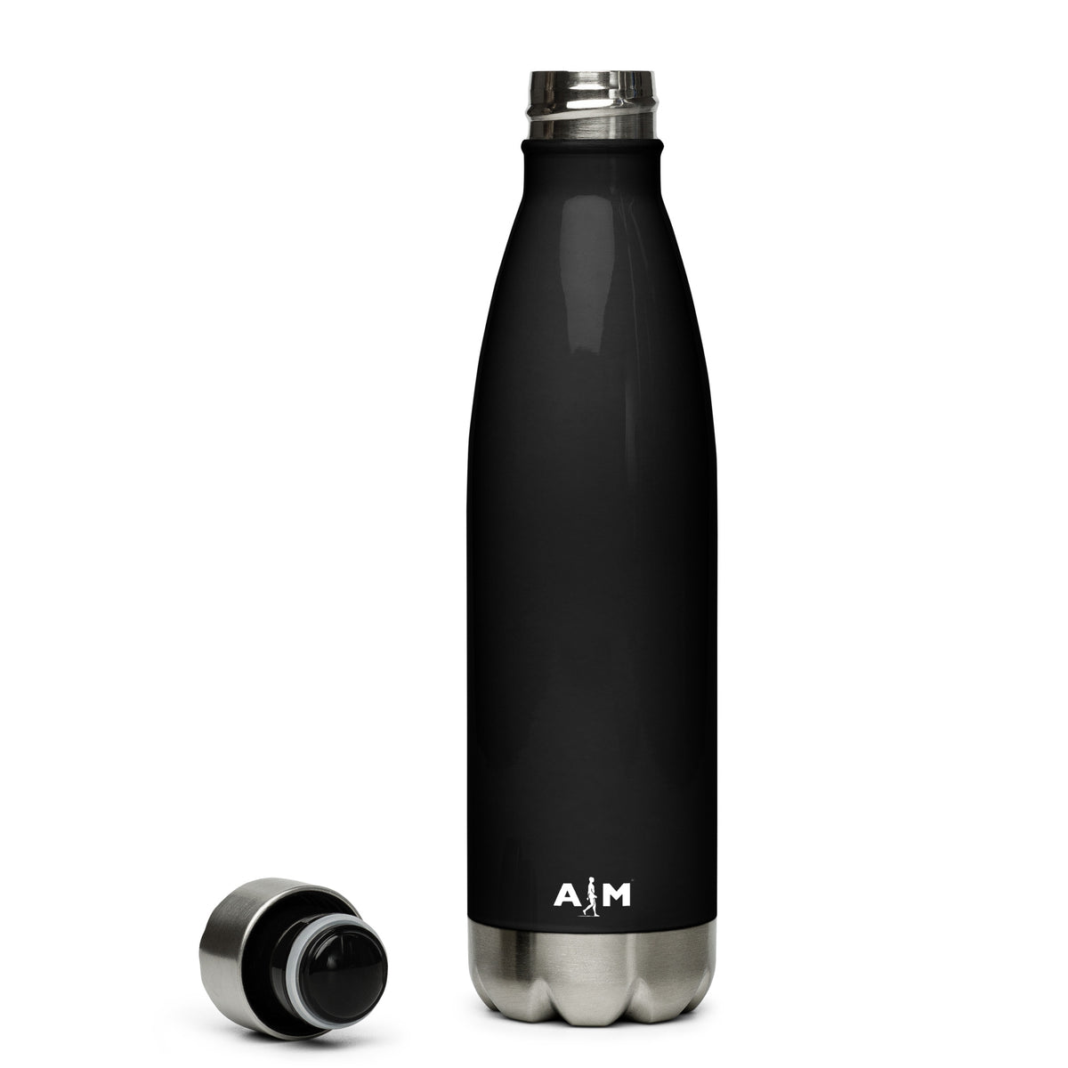 A sleek stainless steel AIM Attitude water bottle with a black screw-on lid, designed for hydration on the go.