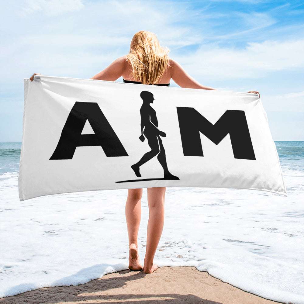 AIM Attitude towel in vibrant colors, soft and plush fabric, with the AIM ATTITUDE logo visible, ideal for gym or outdoor use.