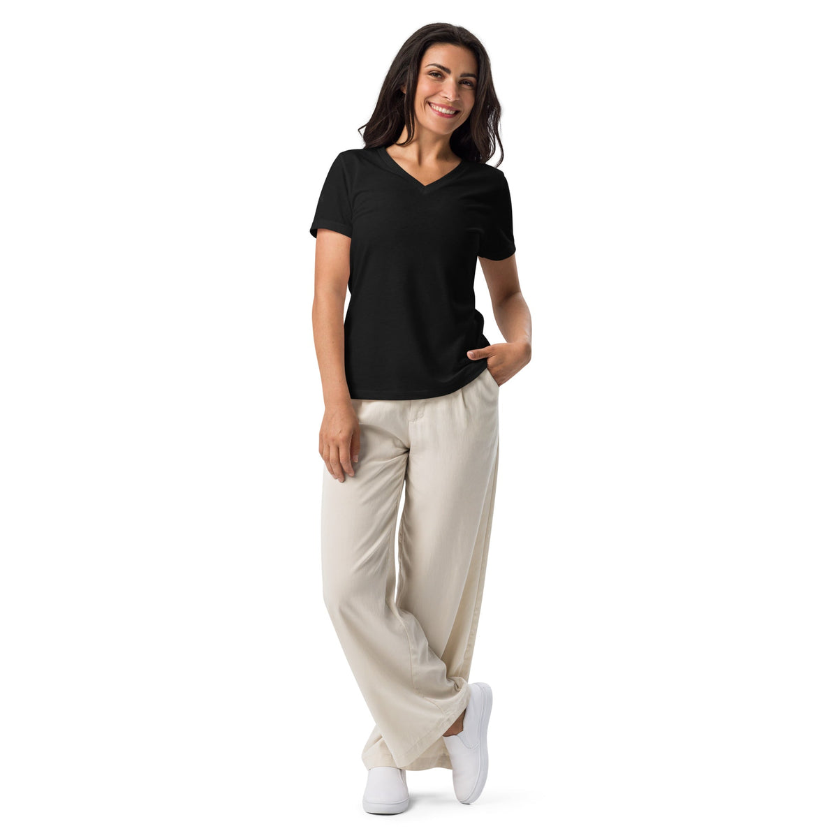 Women’s relaxed V-neck T-shirt by AIM Attitude, soft fabric, casual fit, light-colored, worn on a model.