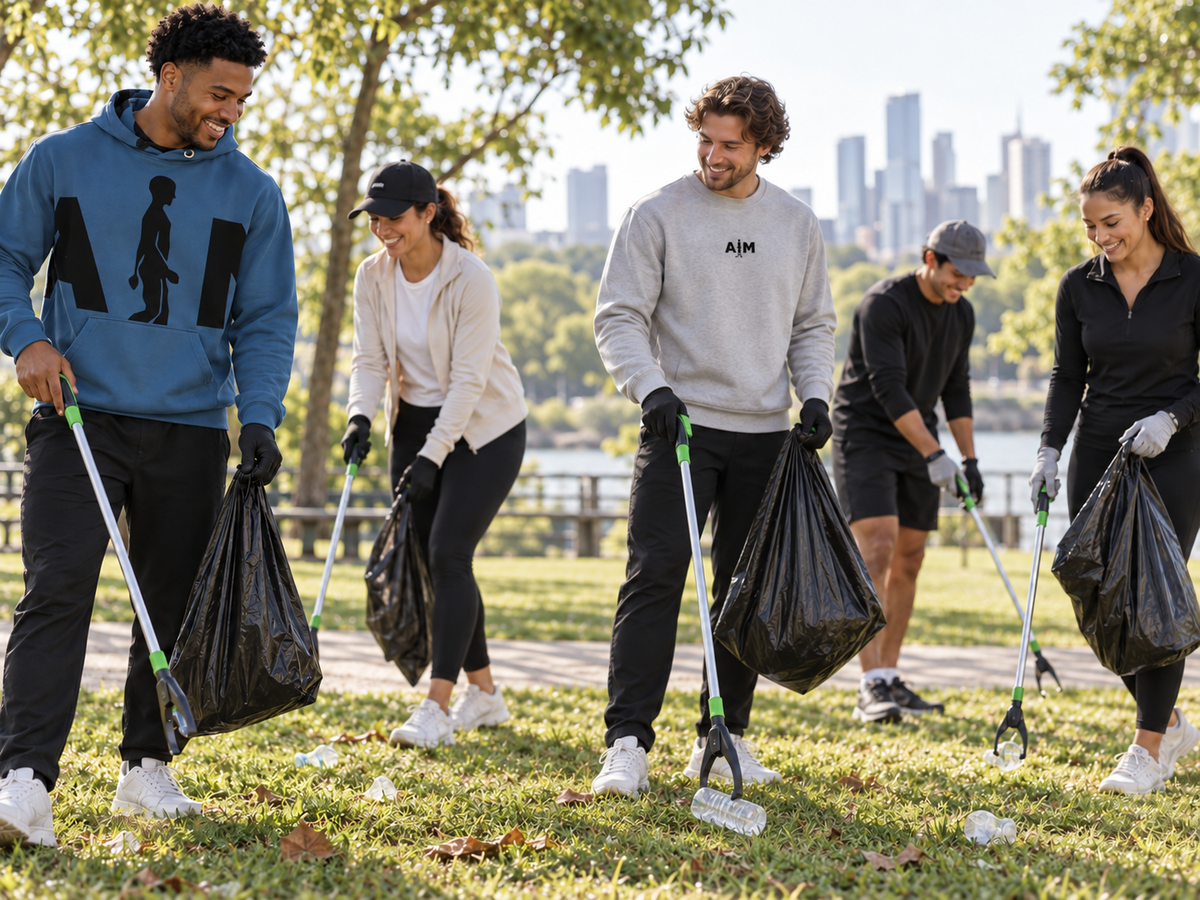 AIM ATTITUDE community volunteers working together on a park cleanup, with selected AIM apparel.