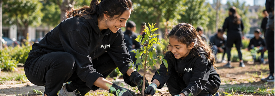 Illustrative AIM community concept: an adult and a child working together to plant a young tree, with small AIM marks on their clothing.