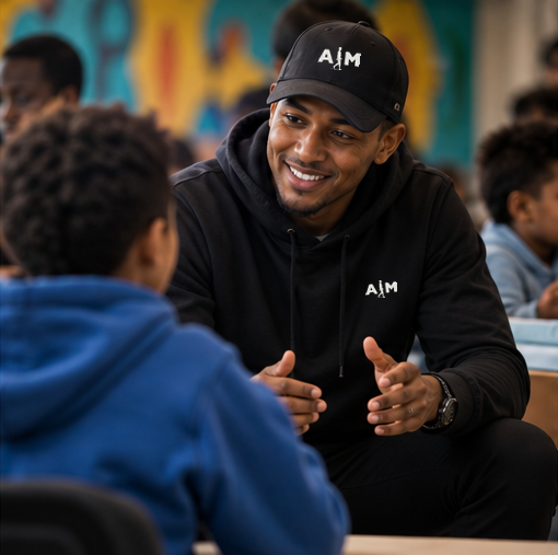 Illustrative AIM community concept: a facilitator in a subtly branded hoodie listening and speaking with a participant.