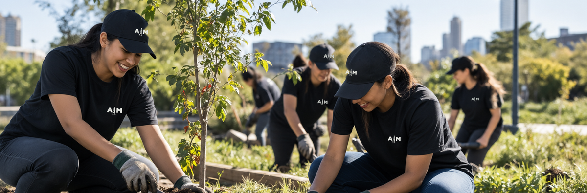 Illustrative AIM community concept: volunteers in subtly branded clothing planting and caring for a shared outdoor space.