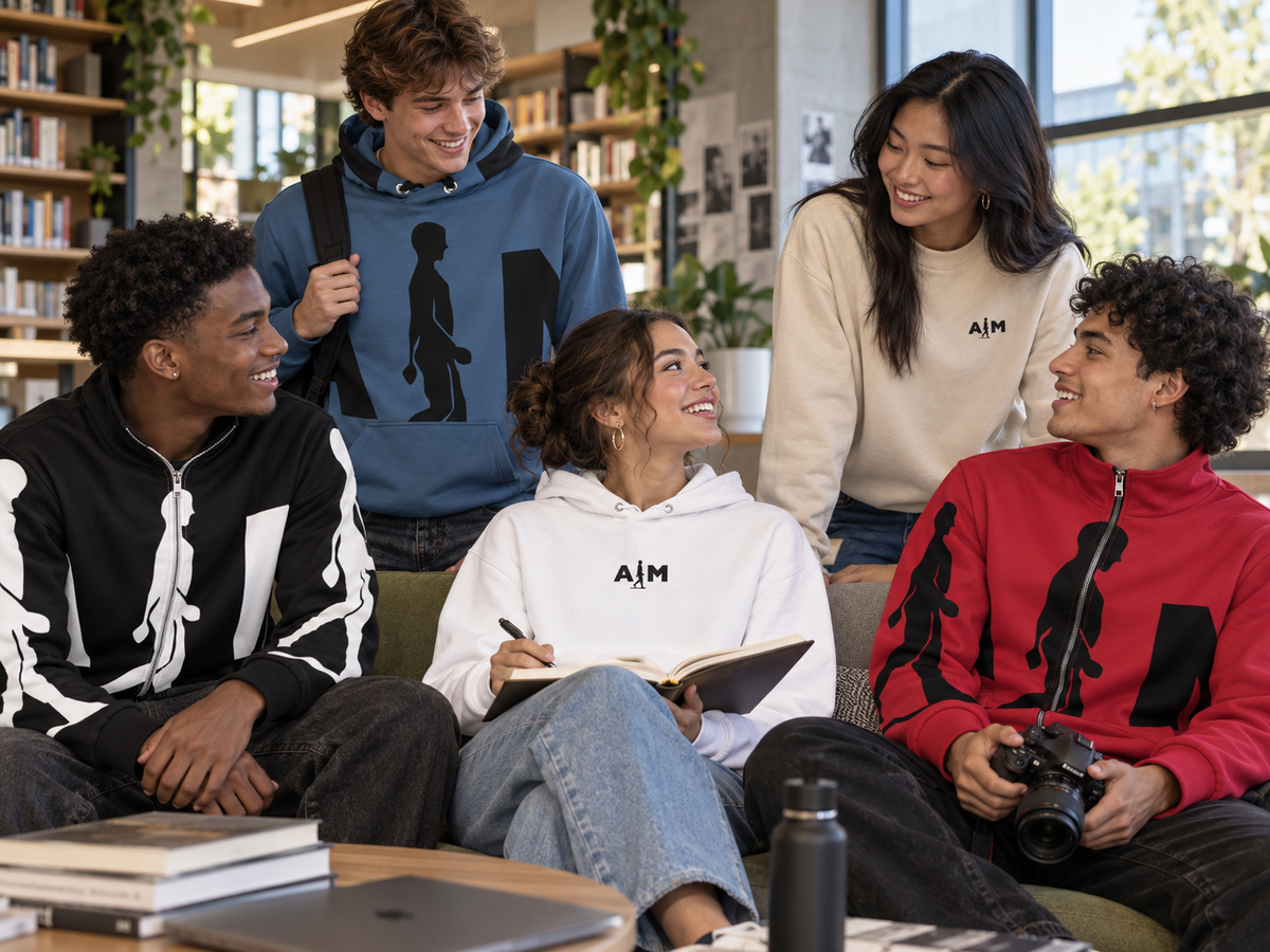 AIM ATTITUDE education concept: diverse students wearing AIM apparel together in a modern learning and creative environment.
