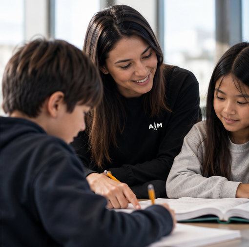 Illustrative AIM education concept: an educator in subtly branded clothing helping two learners read and explore a book together.