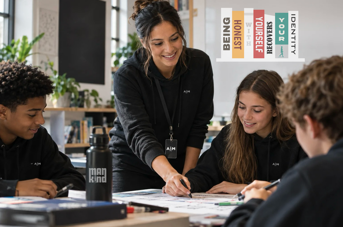 Illustrative AIM education concept: a mentor and students developing an illustrated project together, wearing subtle AIM branding.