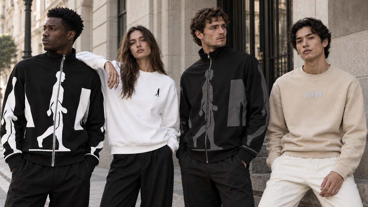 AIM ATTITUDE apparel worn by friends sharing a relaxed moment in a warm, light-filled interior.
