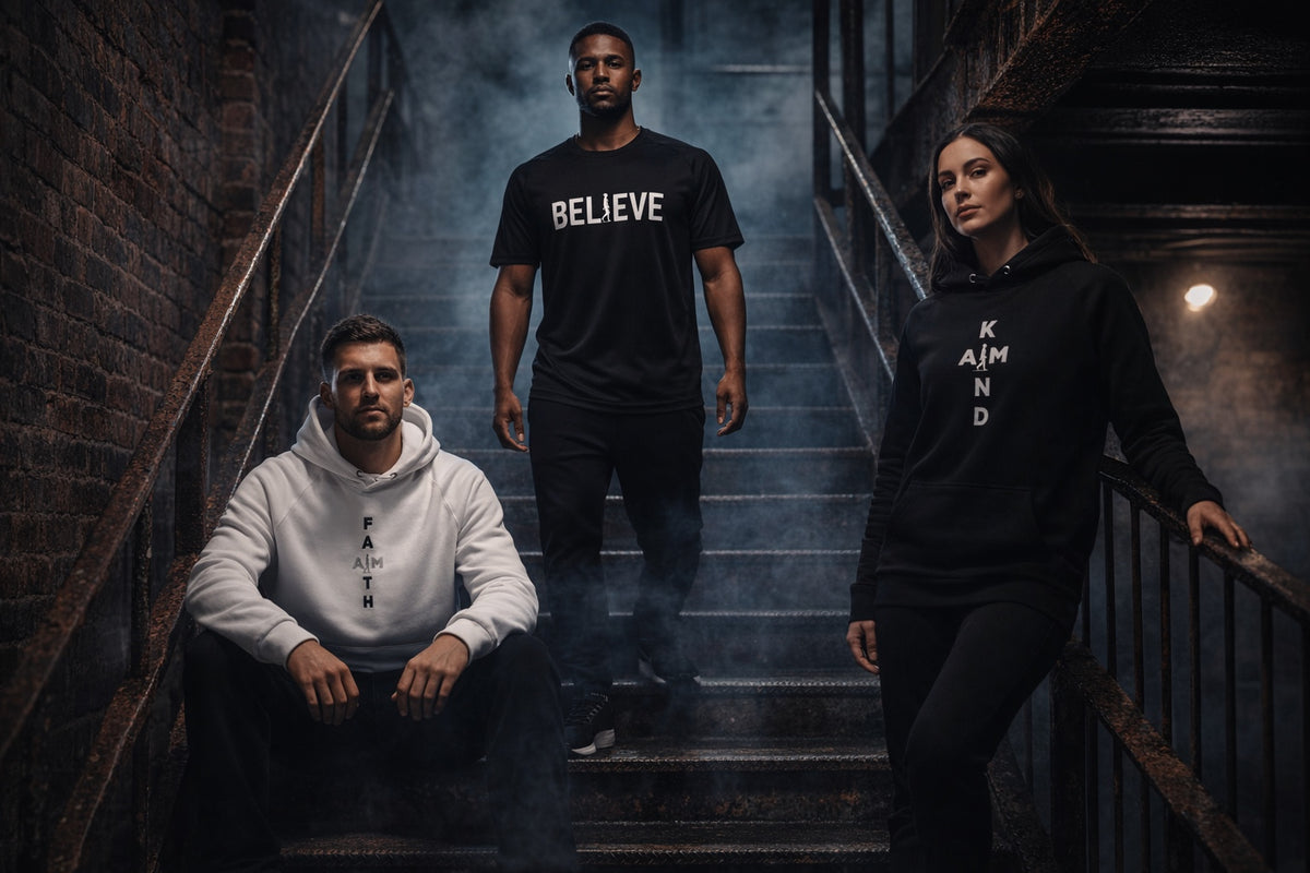 Three AIM ATTITUDE models wearing black, white and red AIM apparel by the Brooklyn Bridge.
