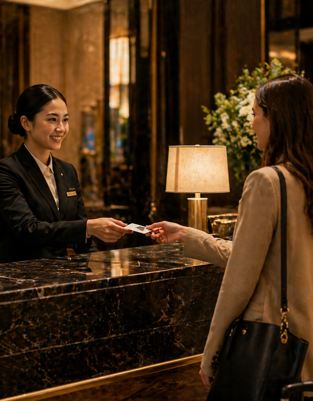 Illustrative AIM hospitality concept: a concierge wearing subtle AIM branding guiding a guest at a hotel reception desk.