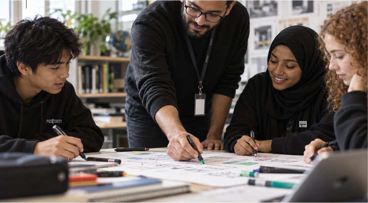 Illustrative AIM education concept: learners writing and exchanging ideas with a mentor at a shared table.