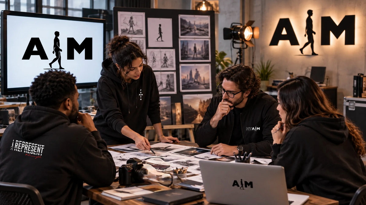 Illustrative AIM creative partnership: people working together in an active creative environment with subtle AIM branding.