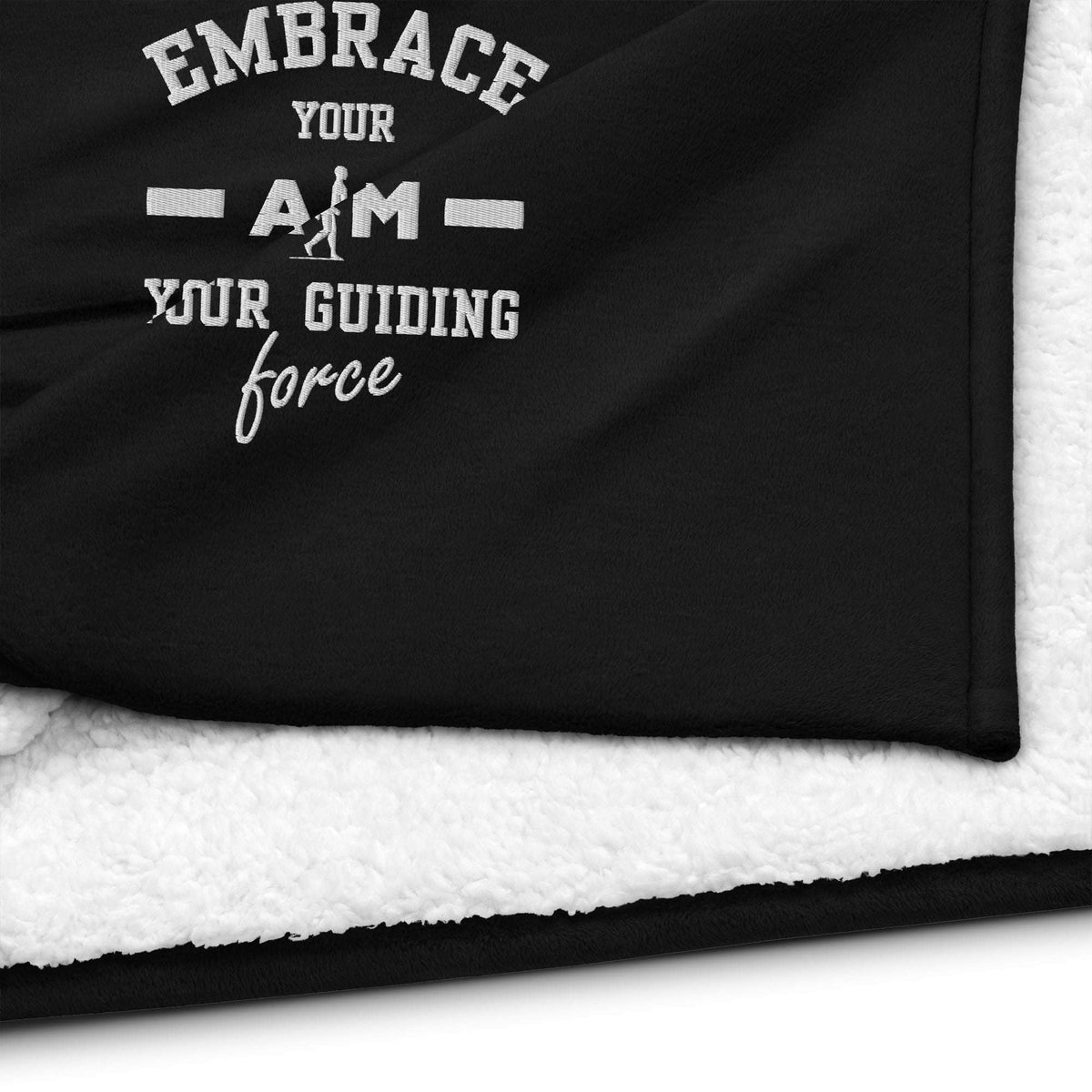 A soft, plush AIM Attitude premium sherpa blanket featuring the "Embrace Your AIM" design, perfect for cozy comfort.