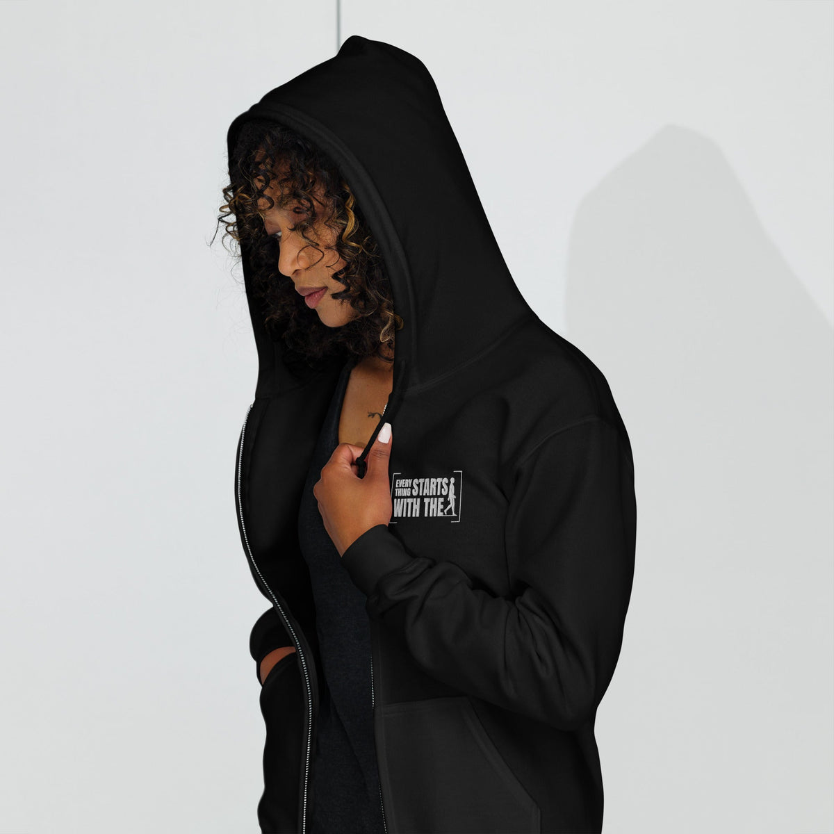 Unisex heavy blend zip hoodie by AIM ATTITUDE featuring "Everything Starts With The I" printed design on the front.