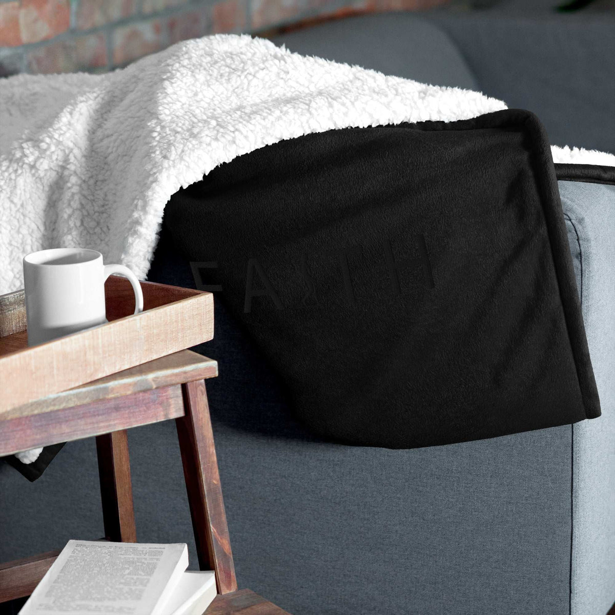AIM ATTITUDE Faith premium sherpa blanket with soft, cozy texture and embroidered faith design, perfect for comfort and warmth.