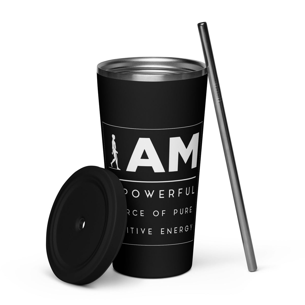 AIM ATTITUDE insulated tumbler with straw featuring "I AM A Powerful Source of Energy" text, ideal for hot or cold drinks.