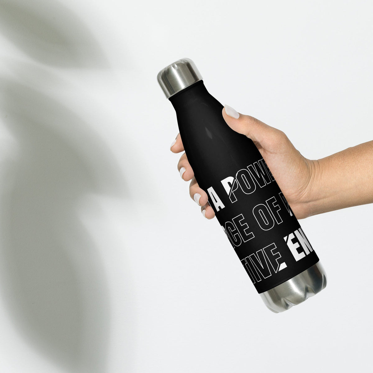 Stainless steel water bottle with "I AM A Source of Energy" message by AIM ATTITUDE, durable and eco-friendly hydration container