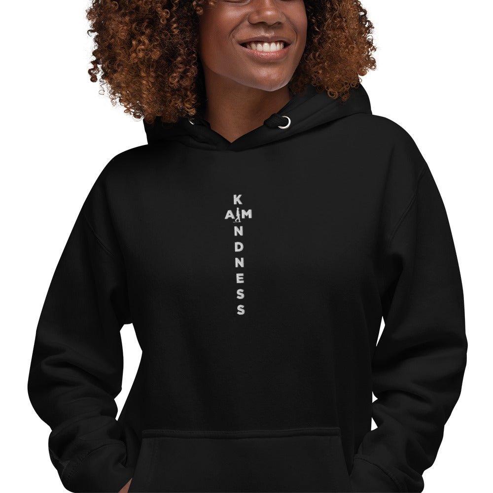 Unisex AIM ATTITUDE hoodie with "Kindness. Believe." print, soft fabric, and relaxed fit, ideal for casual wear.