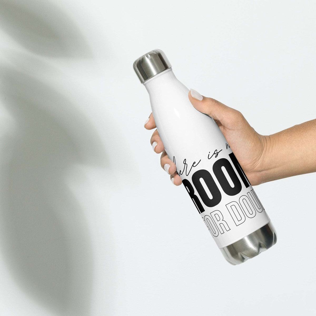 Stainless steel water bottle by AIM ATTITUDE with the slogan "There Is No Room For Doubt" printed on the bottle.
