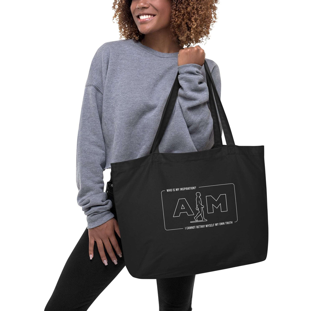 Large organic tote bag from AIM ATTITUDE featuring the "Who Is My Inspiration? I AM" design, made of eco-friendly materials.