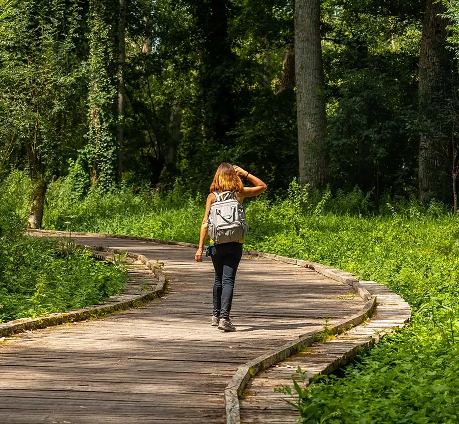 Image of a woman on a footpath: "A woman walks on a serene footpath, symbolizing the journey of self-discovery for personal growth amidst nature's tranquility.